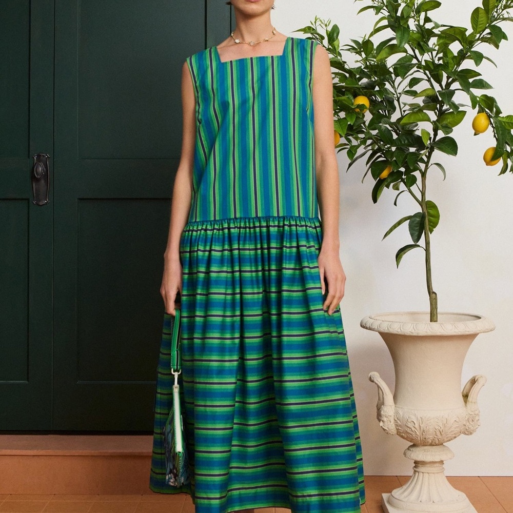Alemais Margo Midi Green Striped Sleeveless Belted Dress - Picture 2 of 11